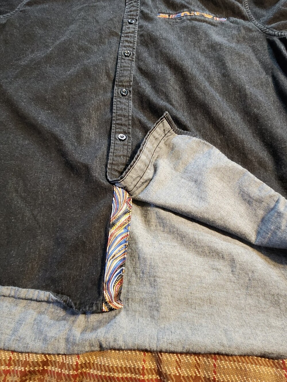 Enlision Black Denim Short Sleeve Button Up Shirt Paisley Flip Cuff Faux Pocket - Picture 3 of 8